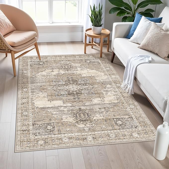RUUGME Washable Entryway 4x5 Rug- Vintage Area Rug for Living Room Bedroom Kitchen Stain Resistant Carpet Low Pile Ultra-Thin Rugs with Non Slip Backing Home Decor 4X5 Beige