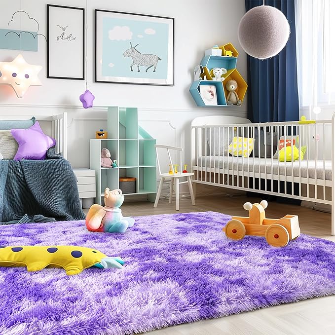 Super Fluffy Rug for Bedroom, 4x6 Shag Fuzzy Area Rug for Living Room Bedroom, Plush Soft Carpet for Girls Boys Kids, Non Slip Throw Rugs for Dorm, Modern Home Decor Aesthetic, Tie-Dyed Purple