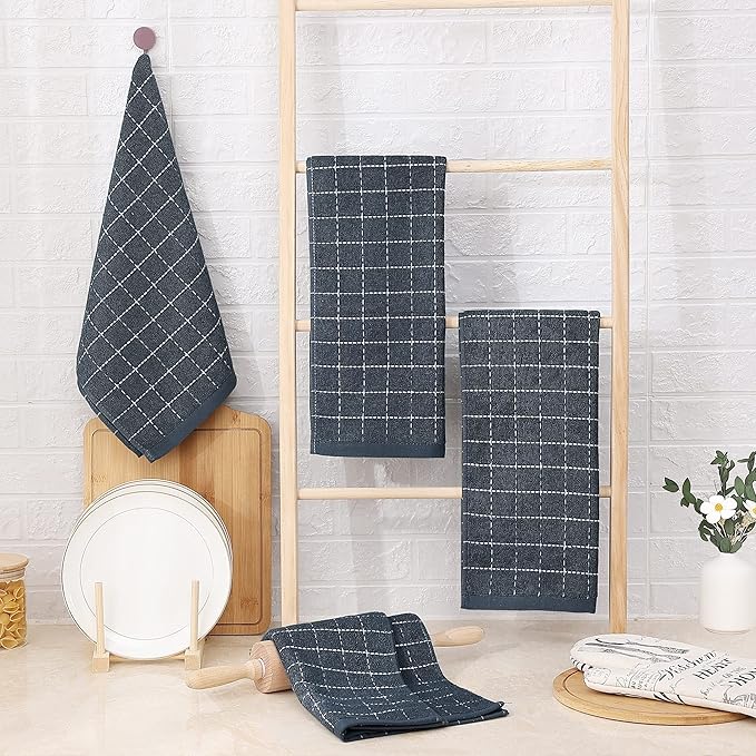Homaxy 100% Cotton Terry Kitchen Towels(Dark Grey, 20 x 28 inches), Checkered Designed, Soft and Super Absorbent Dish Towels, Large 8 Pack