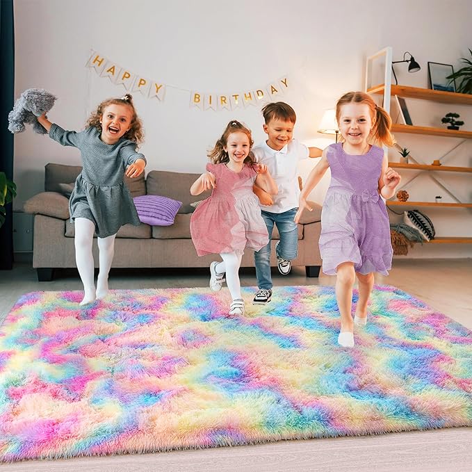 8x10 Large Area Rugs for Living Room, Ultra Fluffy Shag Rug for Bedroom, Modern Plush Soft Carpet for Girls Boys Kids Room Dorm Fuzzy Non Slip Rug for Home Decor Aesthetic, Rainbow