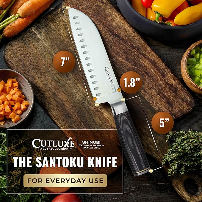Santoku Knife – Ultra Sharp 7 Inch Meat and Vegetable Japanese Knife for Chopping, High Carbon Stainless Steel Blade, Full Tang Pakkawood Handle – Shinobi Series