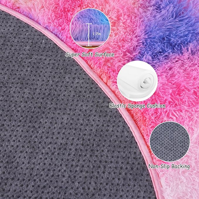 Round Fluffy Rugs 5Ft for Girls Bedroom, Dark Rainbow Shag Circle Kids Rug Non-Slip for Bedside Dorm Nursery Playroom, Soft Cute Area Rugs for Living Room Decor