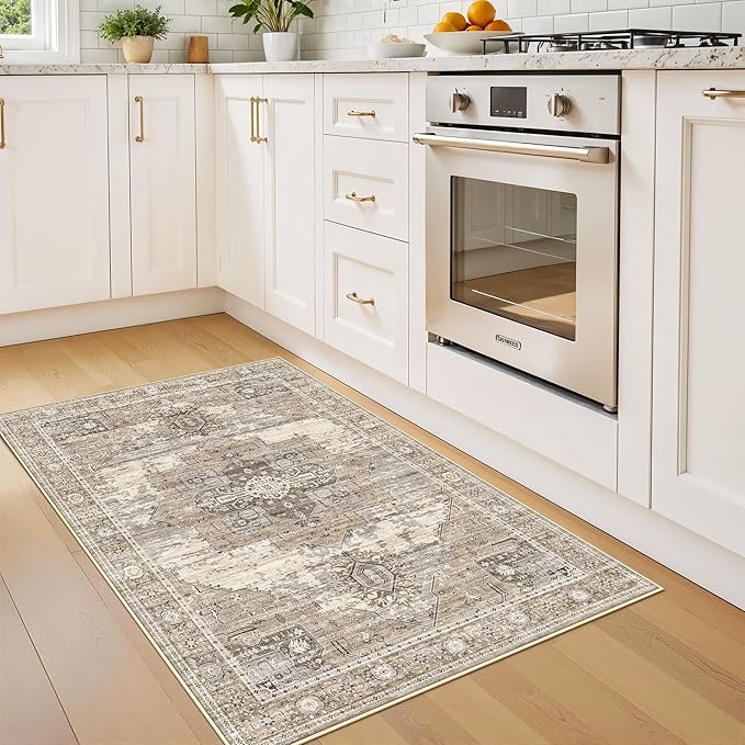 RUUGME Beige Washable Entry Rug : 3x4 Rugs for Entryway Kitchen Bathroom Indoor - Soft Stain Resistant Carpets Distressed Floor Decor Mat 3x4 Beige