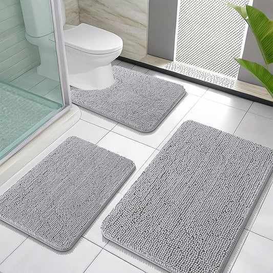 OLANLY Bathroom Rugs Sets 3 Piece, Soft Absorbent Chenille Bath Mats and U-Shaped Contour Toilet Rug, Quick Dry, Home Decor Accessories, Bath Mat Set for Bathroom (30"x20"+24"x16"+24"x20", Light Grey)