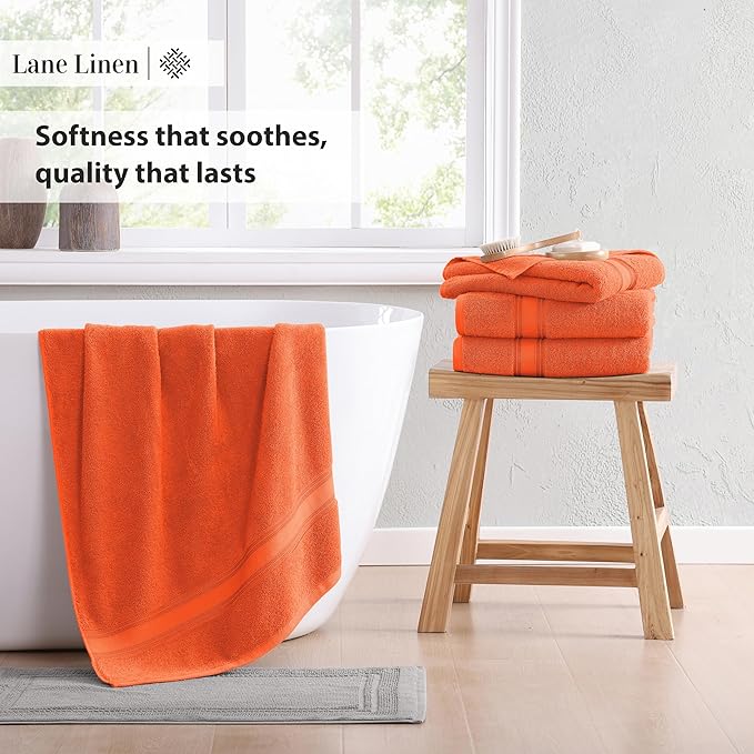 Lane Linen 100% Cotton 4 Pack Bath Towels (28"x54") - Zero Twist, Mercerized Cotton Towel Sets for Bathroom - Quick Dry, Soft & Absorbent Large Bath Towel Set - Salon, Spa & Hotel Quality - Tiger Lily