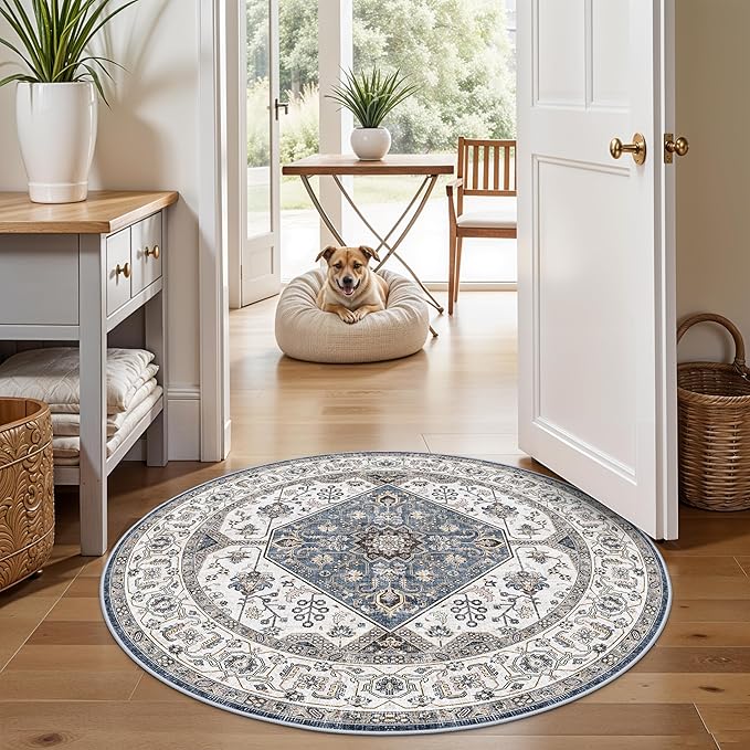 Living Room 4round Area Rugs - Boho Rugs for Living Room Stain Resistant Carpet Vintage Tribal Rugs for Bedroom Kitchen Bathroom with Non Slip Backing Home Decor Floor Decoration Mat 4ft Navy