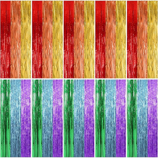 10 Pack Rainbow Backdrop Party Decorations Tinsel Curtain Party Streamer Foil Fringe Birthday Decorations Photo Booth Colorful Theme First Day of School Engagement Baby Shower Decor