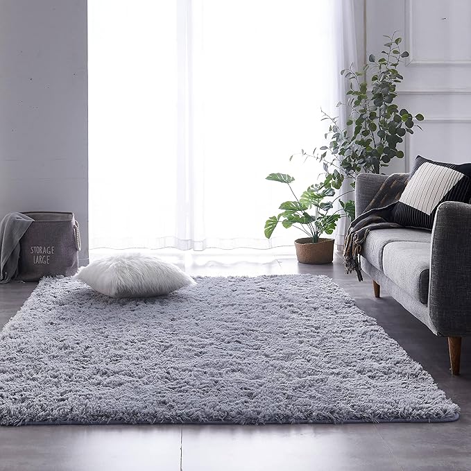 TABAYON Shag Area Rug, 4'x6' Grey Indoor Ultra Soft Plush Non-Skid Modern Nursery Faux Fur Rugs for Living Room, Kids Room Home Decor