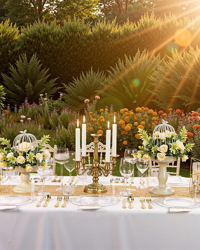 Nervure 175PCS Clear Gold Plastic Plates - Gold Disposable Dinnerware Set for 25 Guests Include 50 Disposable Plates, 75 Plastic Silverware, 25 Cups, 25 Napkins for Wedding & Party & Thanksgiving