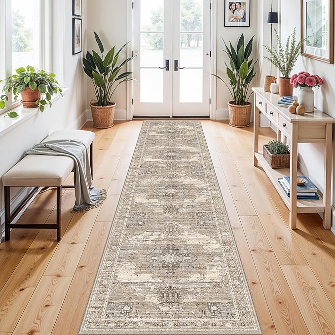 RUUGME Washable 2x10 Runner Rug - Long Boho Rugs for Kitchen Hallway Entryway Low Pile Stain Resistant Carpet with Non Slip Backing Indoor Vintage Home Decor Floor Mat for Bedroom Bathroom 2X10 Beige
