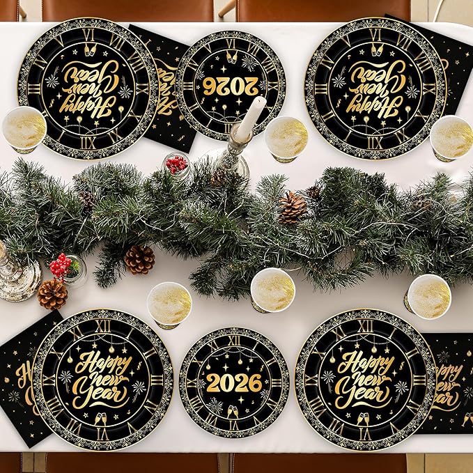 96 PCS New Years Eve Party Supplies, NYE Dinner Plates Dessert Plates Napkins Cups, Disposable New Year Plates and Napkins and Cups, Black Gold NYE Party Supplies 2026 NYE Decorations for 24 Guests