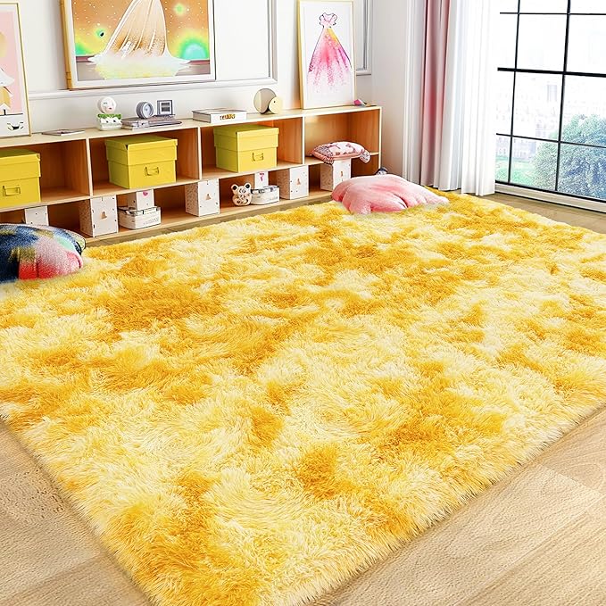 Super Fluffy Rug for Bedroom, 4x6 Shag Fuzzy Area Rug for Living Room Bedroom, Plush Soft Carpet for Girls Boys Kids, Non Slip Throw Rugs for Dorm, Modern Home Decor Aesthetic, Tie-Dyed Yellow