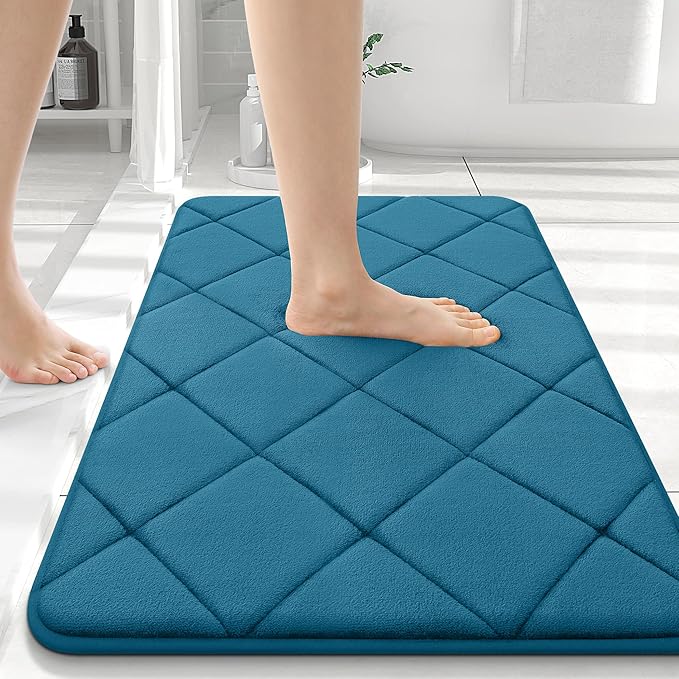 OLANLY Memory Foam Bath Mat 36x24, Ultra Soft and Absorbent Bathroom Rugs, Machine Washable, Comfortable Bath Carpet for Bathroom Floor, Tub and Shower, Peacock Blue