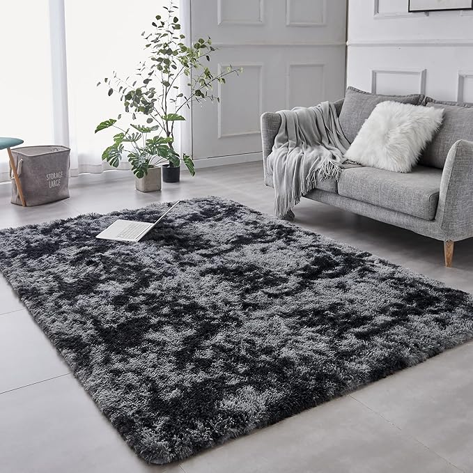 TABAYON Shag Area Rug, 4'x6' Tie-Dyed Dark Grey Indoor Ultra Soft Plush Rugs for Living Room, Non-Skid Modern Nursery Faux Fur Rugs for Kids Room Home Decor