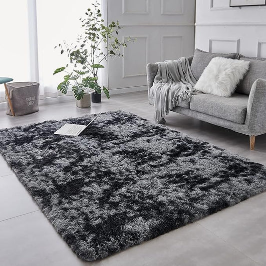 TABAYON Shag Area Rug, 5x7 Ft Tie-Dyed Dark Grey Upgrade Anti-Skid Durable Rectangular Cozy, High Pile Soft Throw Rug for Nursery Room Living Room