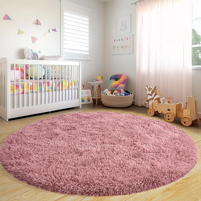 Round Fluffy Rugs 6Ft for Girls Bedroom, Blush Pink Shag Circle Kids Rug Non-Slip for Bedside Dorm Nursery Playroom, Soft Cute Area Rugs for Living Room Decor