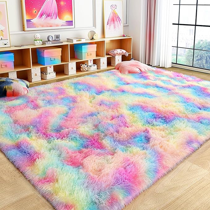 Ultra Fluffy Rug for Living Room Bedroom, 5x7 Fuzzy Large Area Rug for Living Room, Plush Soft Shag Carpet for Girl Boy Kids, Non Slip Rug Modern Indoor Home Decor Aesthetic, Rainbow