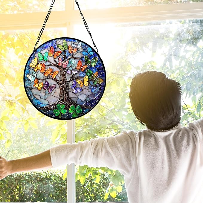 Stained Glass Window Hanging, Butterfly Tree Clover Sun Catchers Glass Panel Blue Suncatcher Decor for Birthday for Women, Men, Wife, Aunt, and Mom 6.3 in