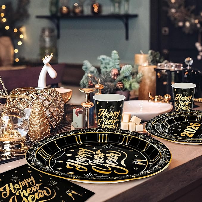 96 PCS New Years Eve Party Supplies, NYE Dinner Plates Dessert Plates Napkins Cups, Disposable New Year Plates and Napkins and Cups, Black Gold NYE Party Supplies 2026 NYE Decorations for 24 Guests