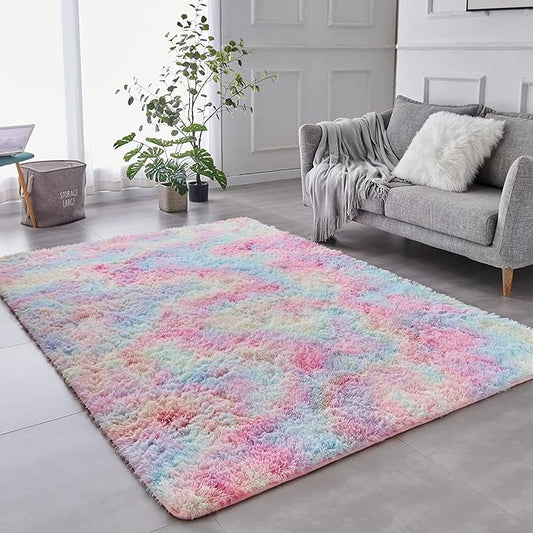 TABAYON Shag Area Rug, 4'x6' Tie-Dyed Rainbow Indoor Ultra Soft Plush Rugs for Living Room, Non-Skid Modern Nursery Faux Fur Rugs for Kids Room Home Decor