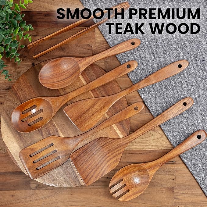 Zulay Kitchen 7-Piece Wooden Cooking Spoons Set – Heat-Resistant, Smooth Teak Utensils with Comfort Grip – Lightweight & Durable – Easy to Clean, Perfect for Non-Stick Cookware
