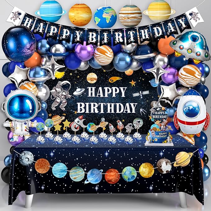 Outer Space Birthday Party Decorations Space Themed Party Supplies Planet Banner Backdrop Cake Topper Solar System Paper Lantern Galaxy Tablecloth Balloon Garland Kit for Space Astronaut Party Decor