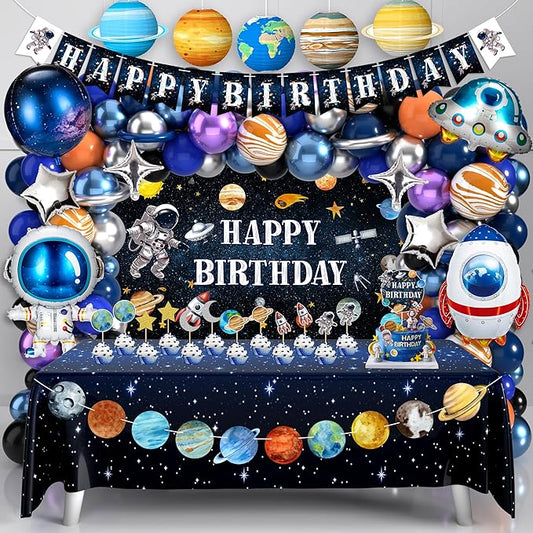 Outer Space Birthday Party Decorations Space Themed Party Supplies Planet Banner Backdrop Cake Topper Solar System Paper Lantern Galaxy Tablecloth Balloon Garland Kit for Space Astronaut Party Decor