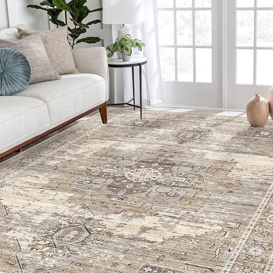 RUUGME Washable 5x7 Area Rugs - Large Rugs for Living Room Stain Resistant Carpet Vintage Rugs for Bedroom with Non Slip Backing Home Decor Floor Decoration Mat (5x7 Beige)
