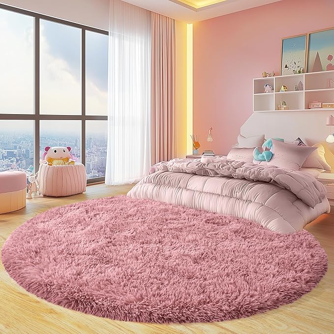 Round Fluffy Rugs 6Ft for Girls Bedroom, Blush Pink Shag Circle Kids Rug Non-Slip for Bedside Dorm Nursery Playroom, Soft Cute Area Rugs for Living Room Decor