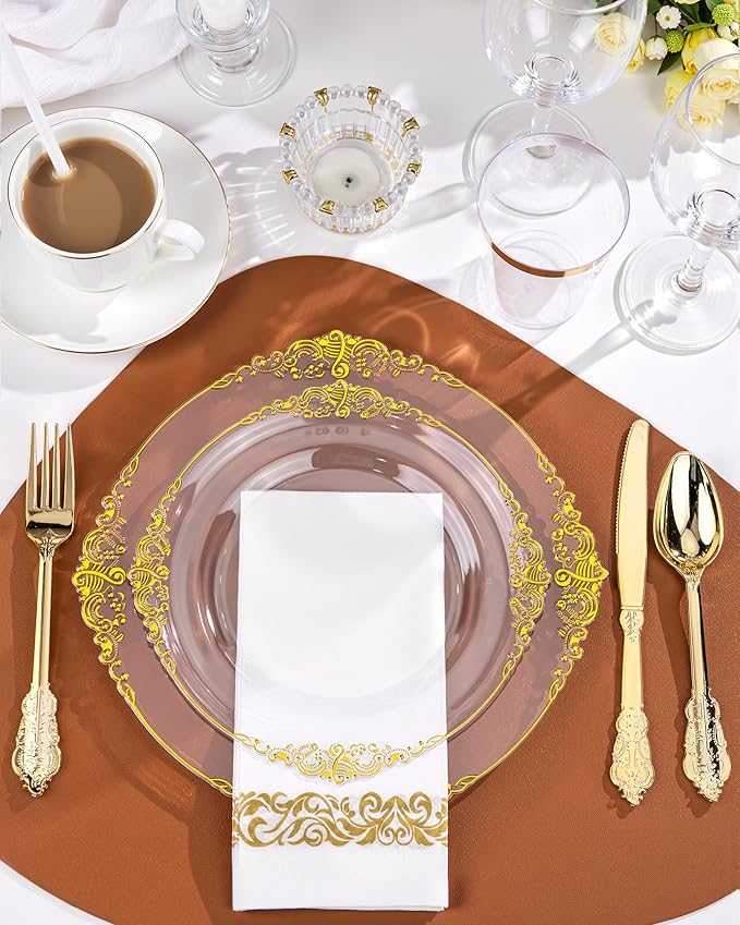 Nervure 175PCS Clear Gold Plastic Plates - Gold Disposable Dinnerware Set for 25 Guests Include 50 Disposable Plates, 75 Plastic Silverware, 25 Cups, 25 Napkins for Wedding & Party & Thanksgiving