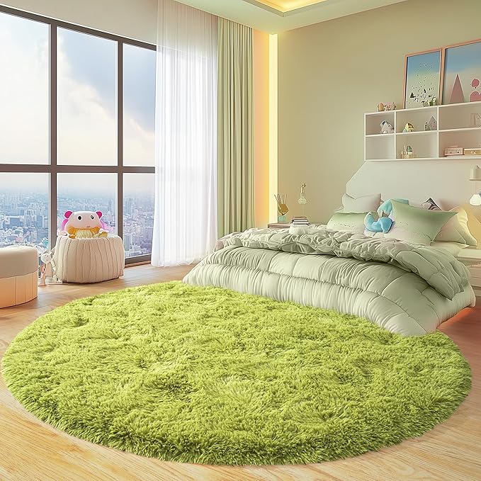 Round Fluffy for Bedroom Rugs, 5Ft Green Shag Circle Rug Non-Slip for Kids Girls Boys Bedroom Dorm Nursery Playroom, Soft Cute Area Rugs for Living Room Decor