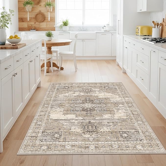 RUUGME Washable Entryway 4x5 Rug- Vintage Area Rug for Living Room Bedroom Kitchen Stain Resistant Carpet Low Pile Ultra-Thin Rugs with Non Slip Backing Home Decor 4X5 Beige