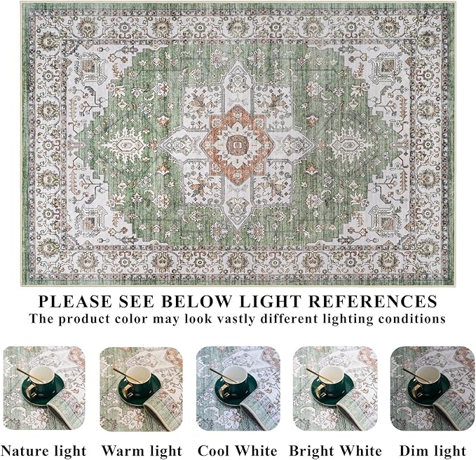 RUUGME Living Room 3x5 Area Rugs - Washable Lightweight Area Rug Stain Resistant Carpet Vintage Soft Rugs for Bedroom Kitchen with Non Slip Backing Home Decor Small Mat 3x5 Sage