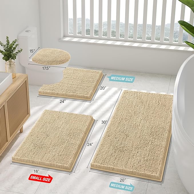 Smiry Luxury Chenille Bathroom Rugs 47x20, Extra Soft and Absorbent Shaggy Bath Mat, Machine Washable, Non-Slip Plush Carpet Runner for Tub, Shower, and Floor, Home Decor Accessories, Beige