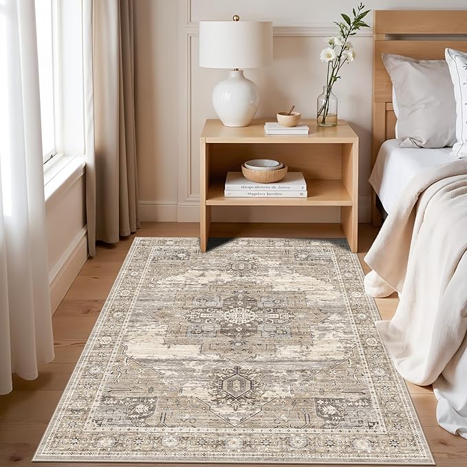 RUUGME Washable Entryway 4x5 Rug- Vintage Area Rug for Living Room Bedroom Kitchen Stain Resistant Carpet Low Pile Ultra-Thin Rugs with Non Slip Backing Home Decor 4X5 Beige