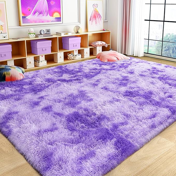 Super Fluffy Rug for Bedroom, 4x6 Shag Fuzzy Area Rug for Living Room Bedroom, Plush Soft Carpet for Girls Boys Kids, Non Slip Throw Rugs for Dorm, Modern Home Decor Aesthetic, Tie-Dyed Purple