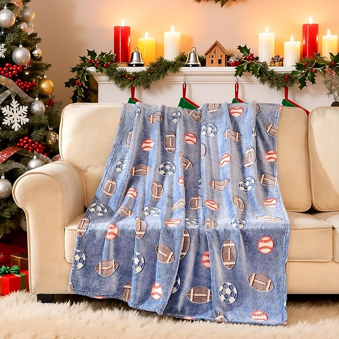 Wajade Sports Balls Gifts Toys for Boys Girls - Glow in The Dark Sports Balls Blanket Birthday Christmas Decor for Kids Age 3 4 5 6 7 8 9 10 11 12 Years Old Teens Child Throw Light Grey 60"x80"
