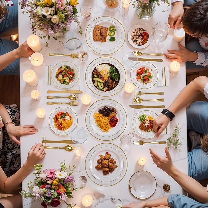 GATHER 350PCS Clear Gold Plastic Plates - Disposable Gold Dinnerware Sets Includes 100 Gold Rim Plastic Plates, 150 Silverware, 50 Napkins, 50 Cups for Party, Wedding & Christmas