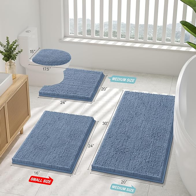 Smiry Luxury Chenille Bathroom Rugs 59x35, Extra Soft and Absorbent Shaggy Bath Mat, Machine Washable, Non-Slip Plush Carpet Runner for Tub, Shower, and Floor, Home Decor Accessories, Grayish Blue