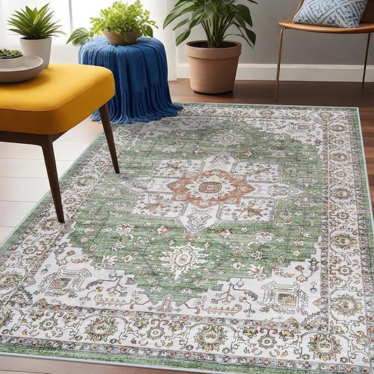RUUGME Living Room 3x5 Area Rugs - Washable Lightweight Area Rug Stain Resistant Carpet Vintage Soft Rugs for Bedroom Kitchen with Non Slip Backing Home Decor Small Mat 3x5 Sage