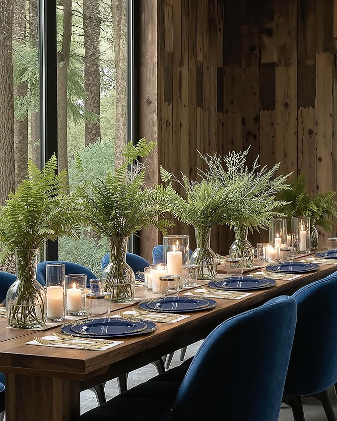 Nervure 175PCS Blue Plastic Plates - Blue Gold Plastic Dinnerware Set Disposable Include 50 Plates for Dinner and Dessert, 25Knives, 25Spoons, 25Forks, 25Cups, 25Napkins for Weddings & 4th of July