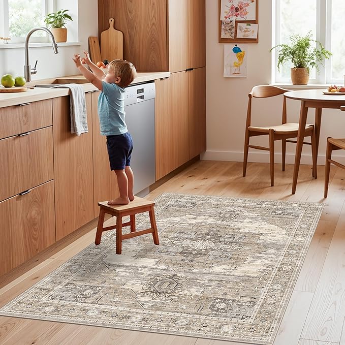RUUGME Washable Entryway 4x5 Rug- Vintage Area Rug for Living Room Bedroom Kitchen Stain Resistant Carpet Low Pile Ultra-Thin Rugs with Non Slip Backing Home Decor 4X5 Beige