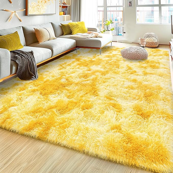 Super Fluffy Rug for Bedroom, 4x6 Shag Fuzzy Area Rug for Living Room Bedroom, Plush Soft Carpet for Girls Boys Kids, Non Slip Throw Rugs for Dorm, Modern Home Decor Aesthetic, Tie-Dyed Yellow