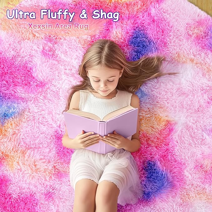 Round Fluffy Rugs 6Ft for Girls Bedroom, Dark Rainbow Shag Circle Kids Rug Non-Slip for Bedside Dorm Nursery Playroom, Soft Cute Area Rugs for Living Room Decor