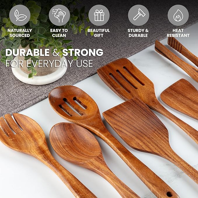Zulay Kitchen 7-Piece Wooden Cooking Spoons Set – Heat-Resistant, Smooth Teak Utensils with Comfort Grip – Lightweight & Durable – Easy to Clean, Perfect for Non-Stick Cookware