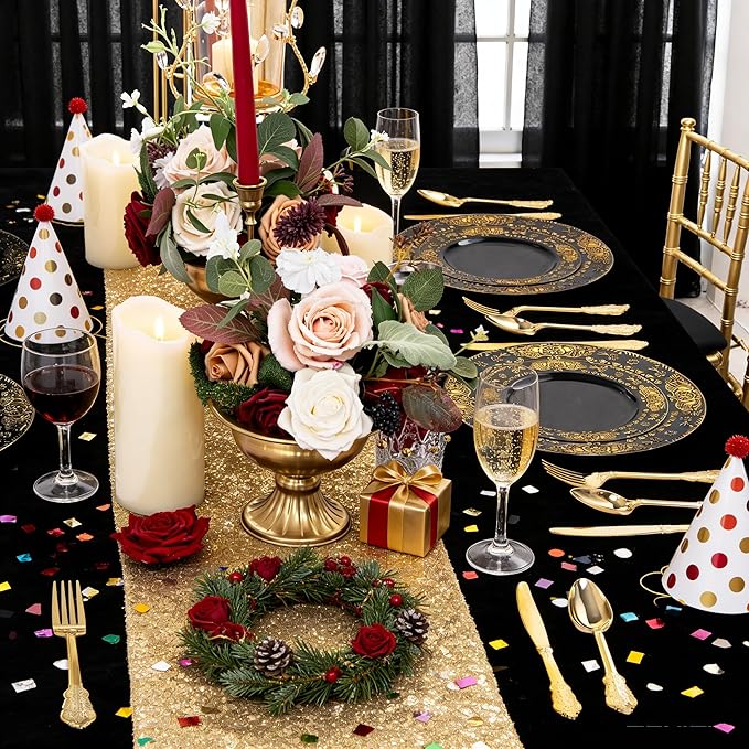 GATHER 350PCS Black and Gold Plastic Plates - Gold Disposable Dinnerware Set Include 50 Dinner Plates, 50 Dessert Plates, 150 Gold Plastic Silverware, 50 Napkins, 50 Cups for Wedding & New Year
