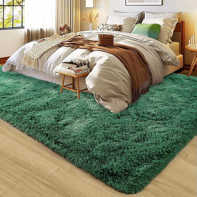 Ultra Fluffy Area Rugs for Living Room Bedroom, 6x9 Fuzzy Large Living Room Rugs, Thick Shag Rug for Dorm, Soft Non Slip Kids Girls Boys Rug for Home Decor Aesthetic, Dark Green