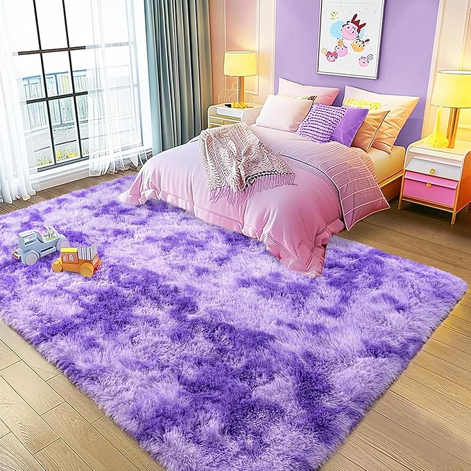 Ultra Fluffy Rug for Living Room Bedroom, 5x7 Fuzzy Large Area Rug for Living Room, Plush Soft Shag Carpet for Girl Boy Kids, Non Slip Rug Modern Indoor Home Decor Aesthetic, Tie-Dyed Purple