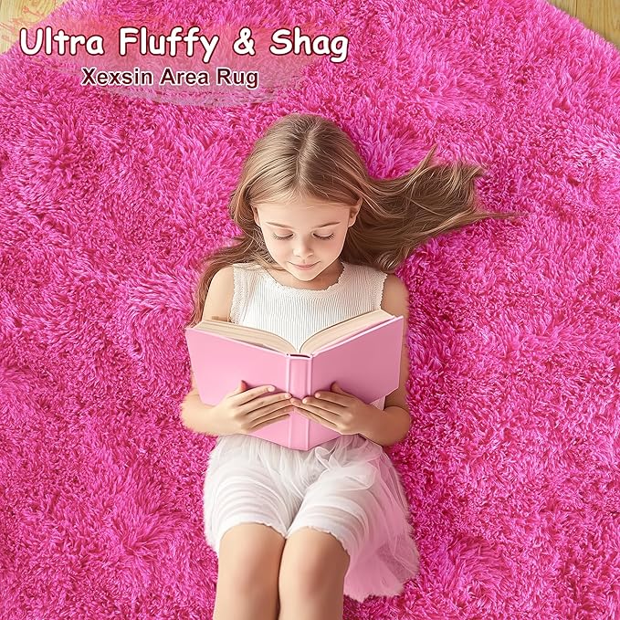 Round Fluffy Rugs 6Ft for Girls Bedroom, Hot Pink Shag Circle Kids Rug Non-Slip for Bedside Dorm Nursery Playroom, Soft Cute Area Rugs for Living Room Decor