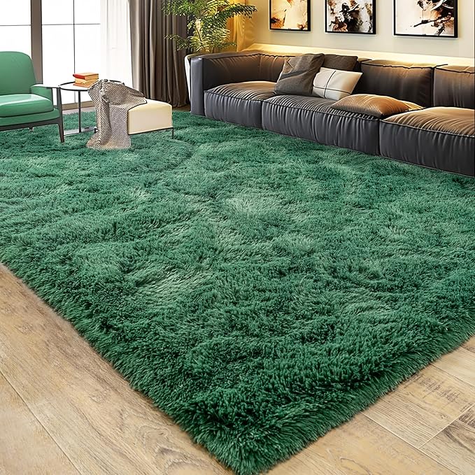 Ultra Fluffy Area Rugs for Living Room Bedroom, 6x9 Fuzzy Large Living Room Rugs, Thick Shag Rug for Dorm, Soft Non Slip Kids Girls Boys Rug for Home Decor Aesthetic, Dark Green